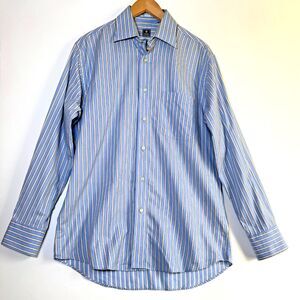 Peter Millar Dress Shirt Mens 15.5R Blue Ivory Stripe Cotton Long Sleeve Classic